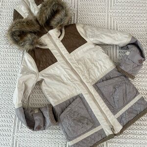 BCBGMaxAzria Tan and Brown Faux Fur Coat